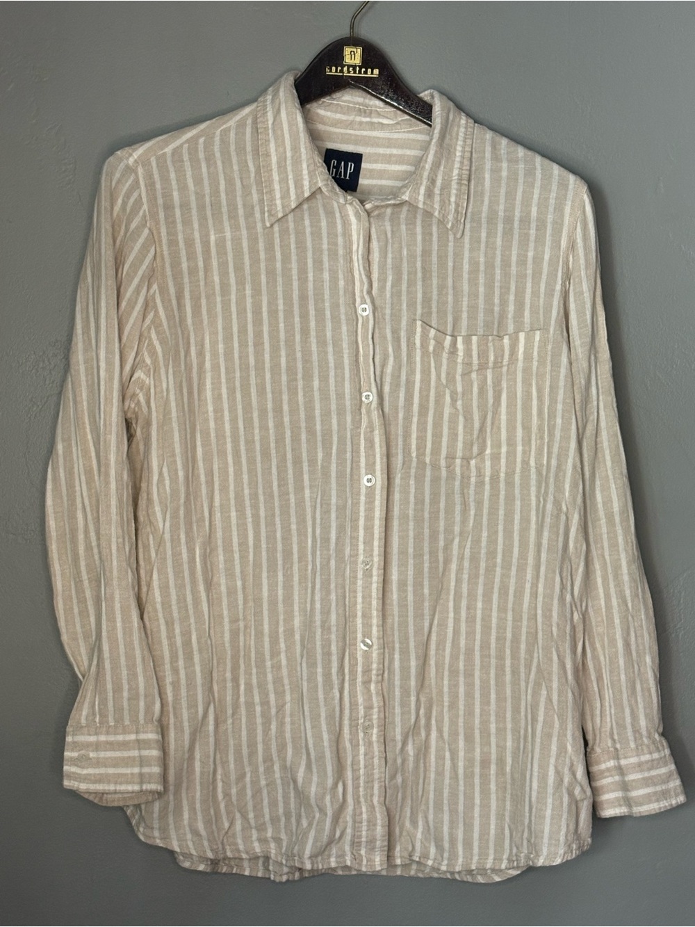 GAP Linen Tan and Beige Striped Button Up Shirt ~ Size L